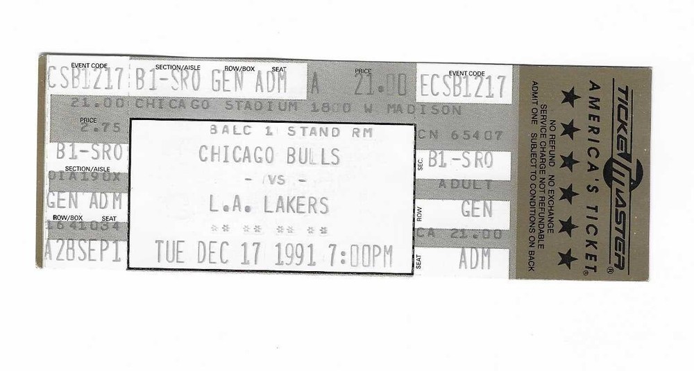 Chicago Bulls vs Los Angeles Lakers Unused Basketball Ticket 12/17/1991