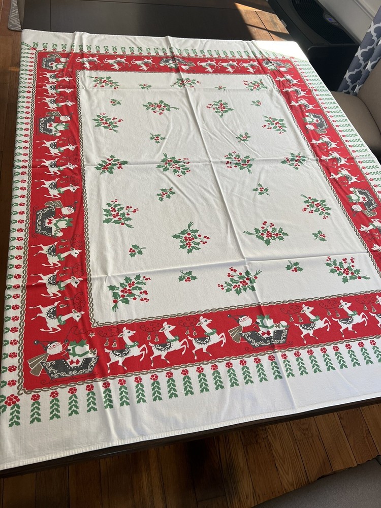 Vintage Christmas Tablecloth Reindeer Santa Mid Century Leacock Christmas Parade