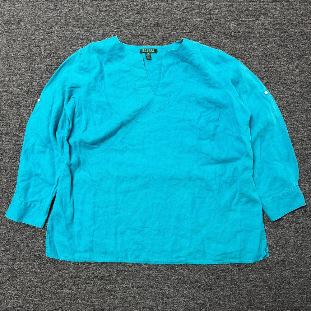 Lauren Ralph Lauren Teal Tunic Lagenlook Coastal Linen Top Shirt Womens XL Blue