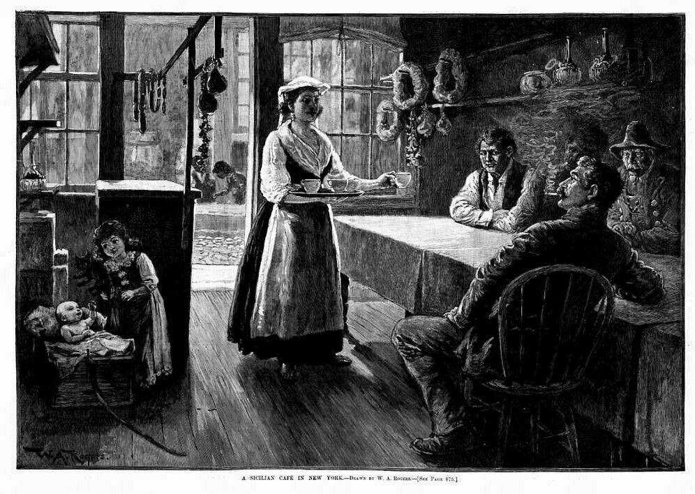 RESTAURANT CAFE SICILIAN CAFE IN NEW YORK WAITRESS 1889 RESTAURANT ENGRAVING
