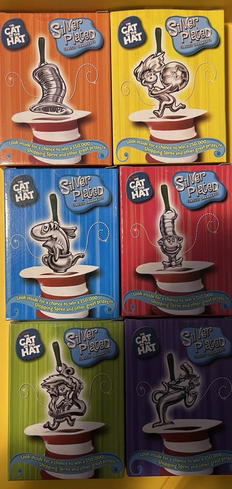 Vintage 2003 Dr Seuss Cat in the Hat Burger King Silver Ornaments Set 6/6 NIB