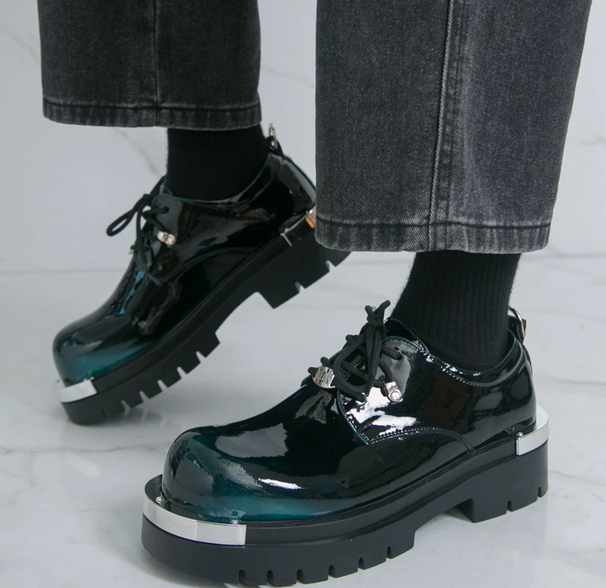 Men's Glossy Shiny Leather Derby Shoes Platform Metal Big Round Toe Wedding