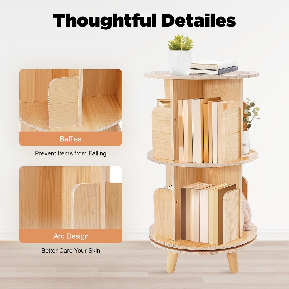 360° Rotating Bookshelf Wood Bookcase Storage Shelf Freestanding Display Rack