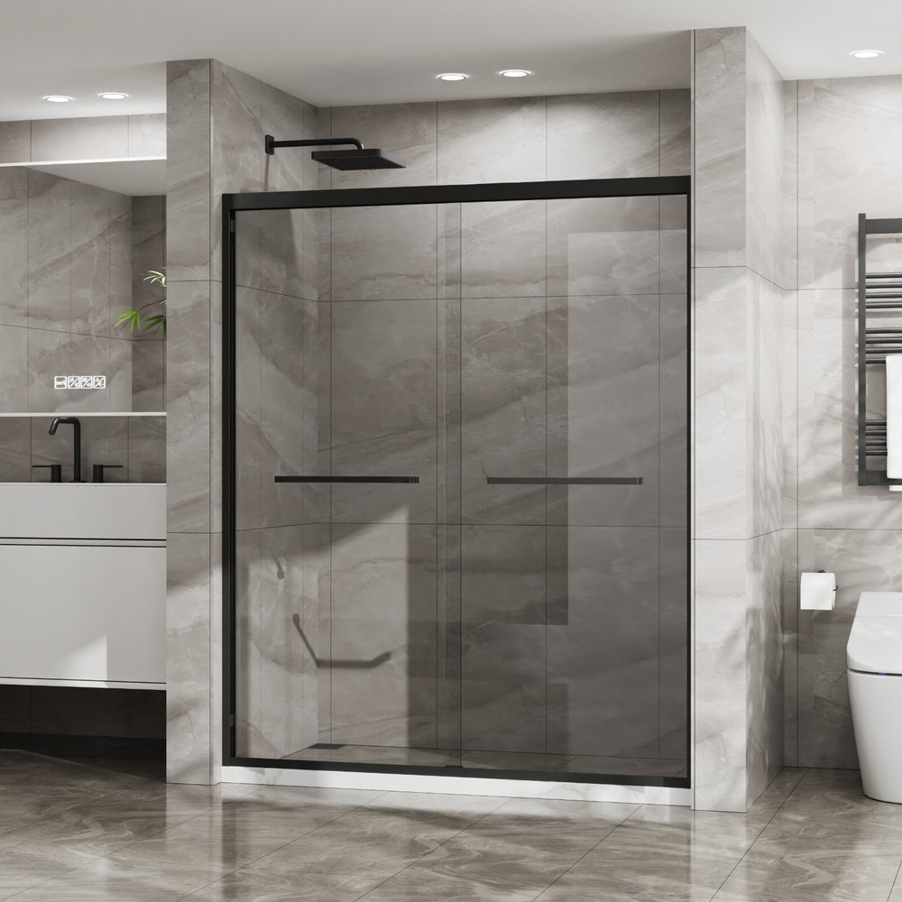 56-60x72 Inch Matte Black Sliding Glass Shower Door 6mm Tempered