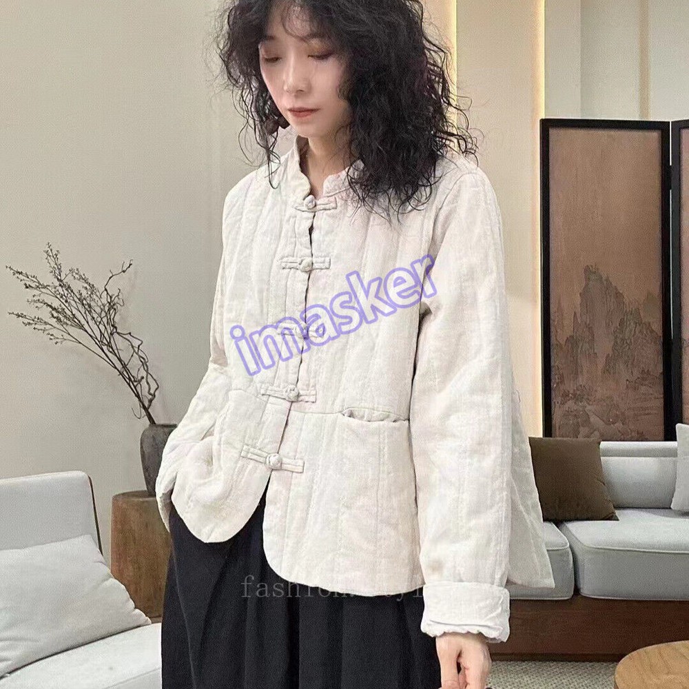 Winter Retro Womens Coats Leisure Chinese Style Jacquard Hemp Button Cotton Coat
