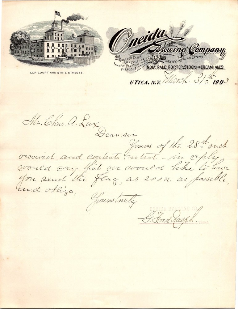 1903 Oneida Brewing Co. Letterhead Utica NY Pre-Prohibition Ephemera