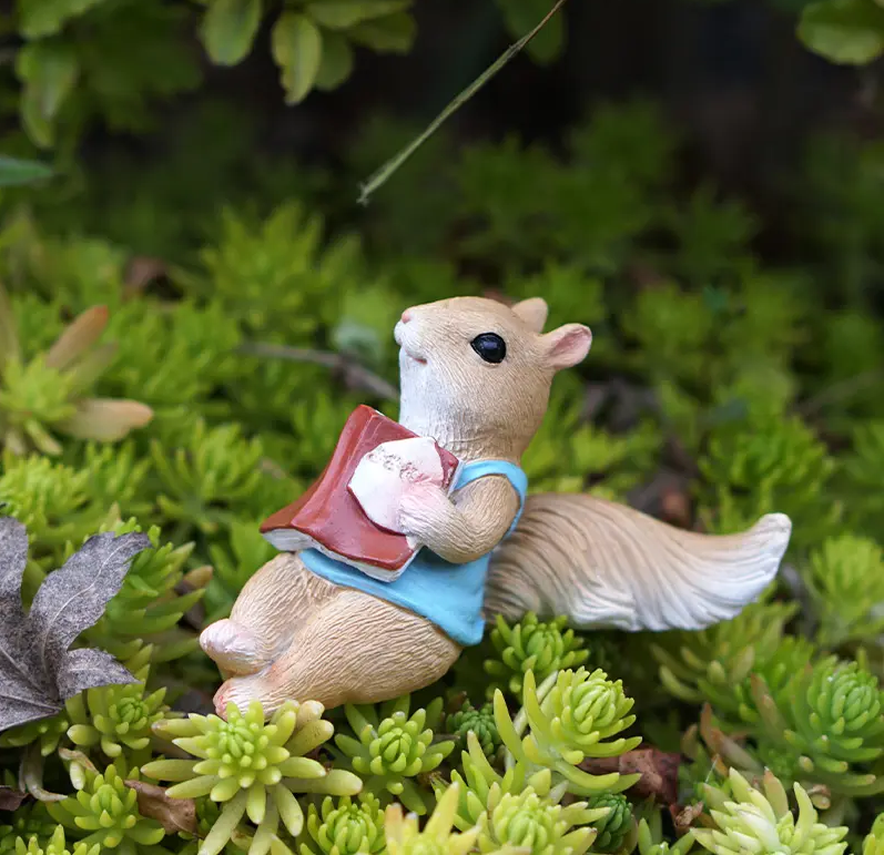 Squirrel Read Book Miniature Fairy Garden Statue Resin Small Figurine Decor Gift