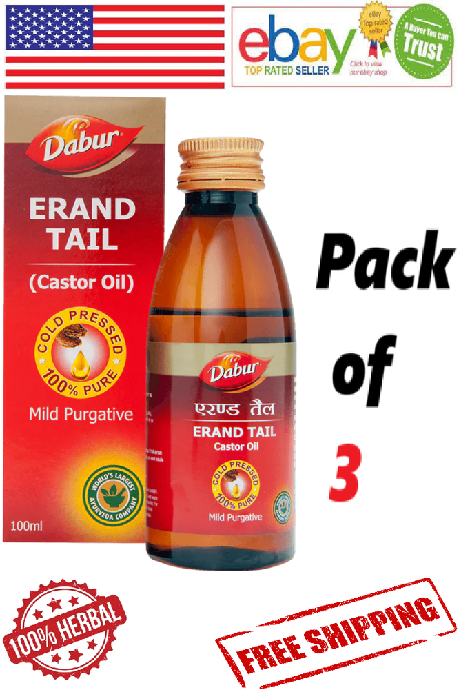 3x Dabur Erand Tail Pure Cold Pressed Castor Oil 100%Herbal 100ml Each Free Ship