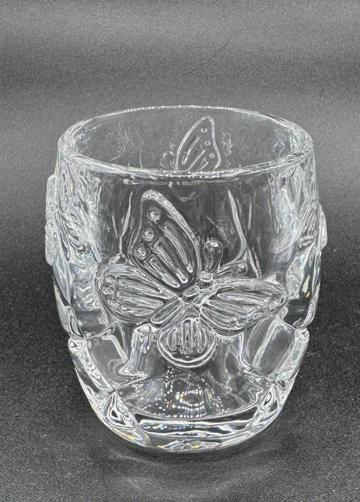 Clear Glass Votive Candle Holder Tealight Raised  Butterfly Design Round