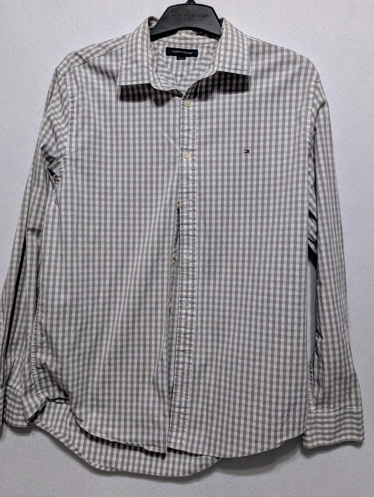 Tommy Hilfiger Men's Gray & White Check Long Sleeve Cotton Blend Shirt Size Large