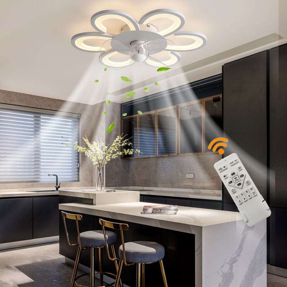 19.7 Inch Modern Flush Mount Ceiling Fan with Dimmable LED Light and Remote Control