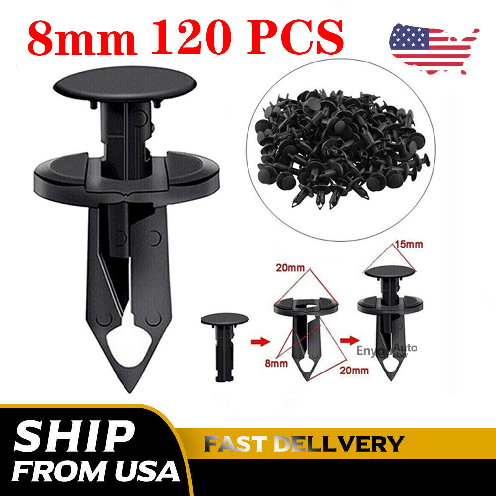 120Pcs 8mm Bumper Clips Retainer Auto Car Rivets Fastener Plastic Fender Push