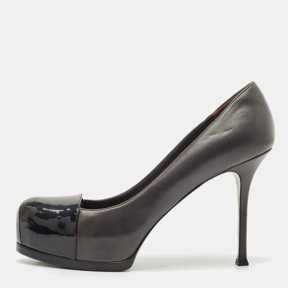 Saint Laurent Black Grey Leather Patent Tribtoo Platform Pumps Size 41
