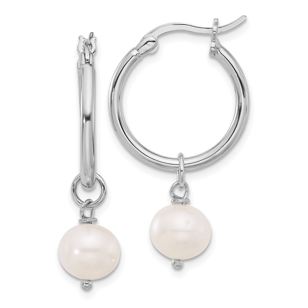Sterling Silver 8-9mm White Freshwater Cultured Pearl Dangle Hoop Earrings