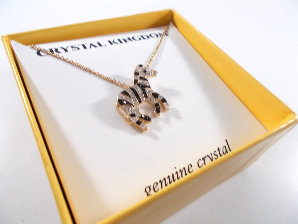 Crystal and Enamel Zebra Pendant Necklace New In Box