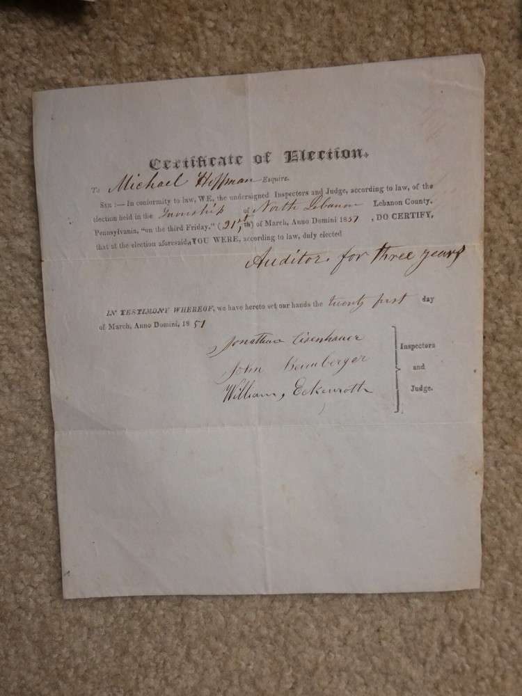 Original 1851 Signed Certificate of Election Lebanon Co Pennsylvania Auditor