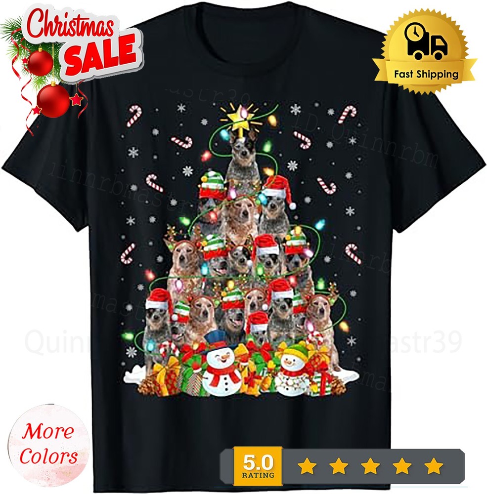 Xmas Lighting Santa Australian Cattle Dog Christmas Tree T-Shirt.