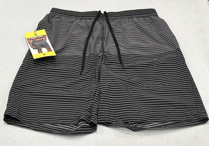 Kirkland Signature Men's Stretch Swim Shorts, Grey/Black Stripes, Size S