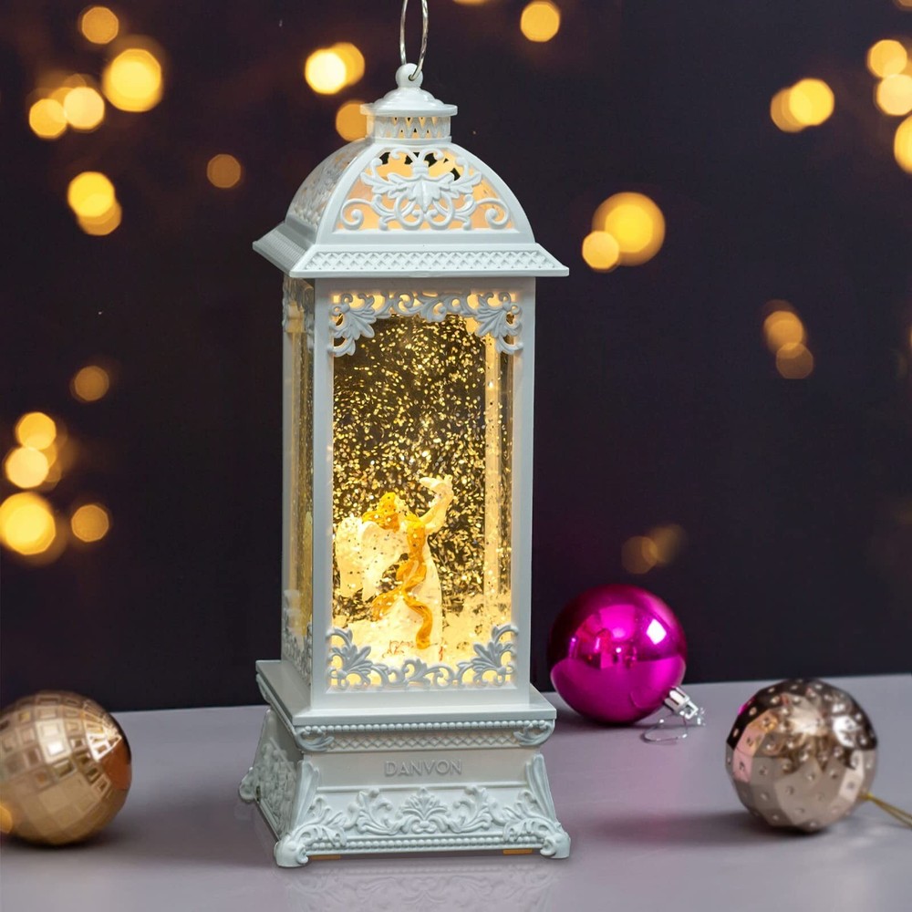 12-Inch White Angel Pearl Snow Globe Lantern Night Light with LED Illumination