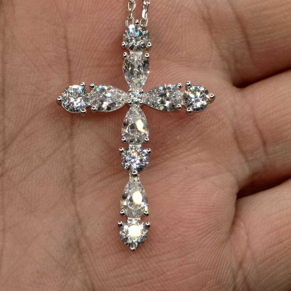 Sterling Silver Cross Pendant Necklace Cubic Zirconia Religious 17