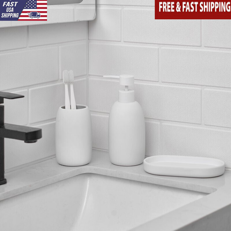 3-Piece Stoneware Bathroom Set with Tray, Tumbler & Soap Dispenser
