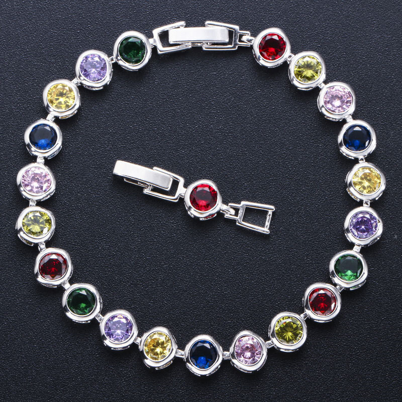 Round Rainbow Cubic Zirconia Silver Plated Tennis Bracelet Women Wedding Jewelry