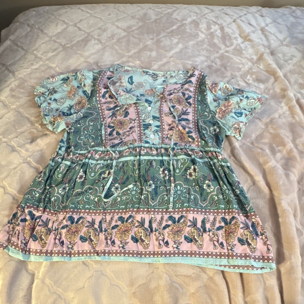 Green Pink Yellow Blue Floral Ruffle Sleeve Button Tunic Blouse Women’s Regular