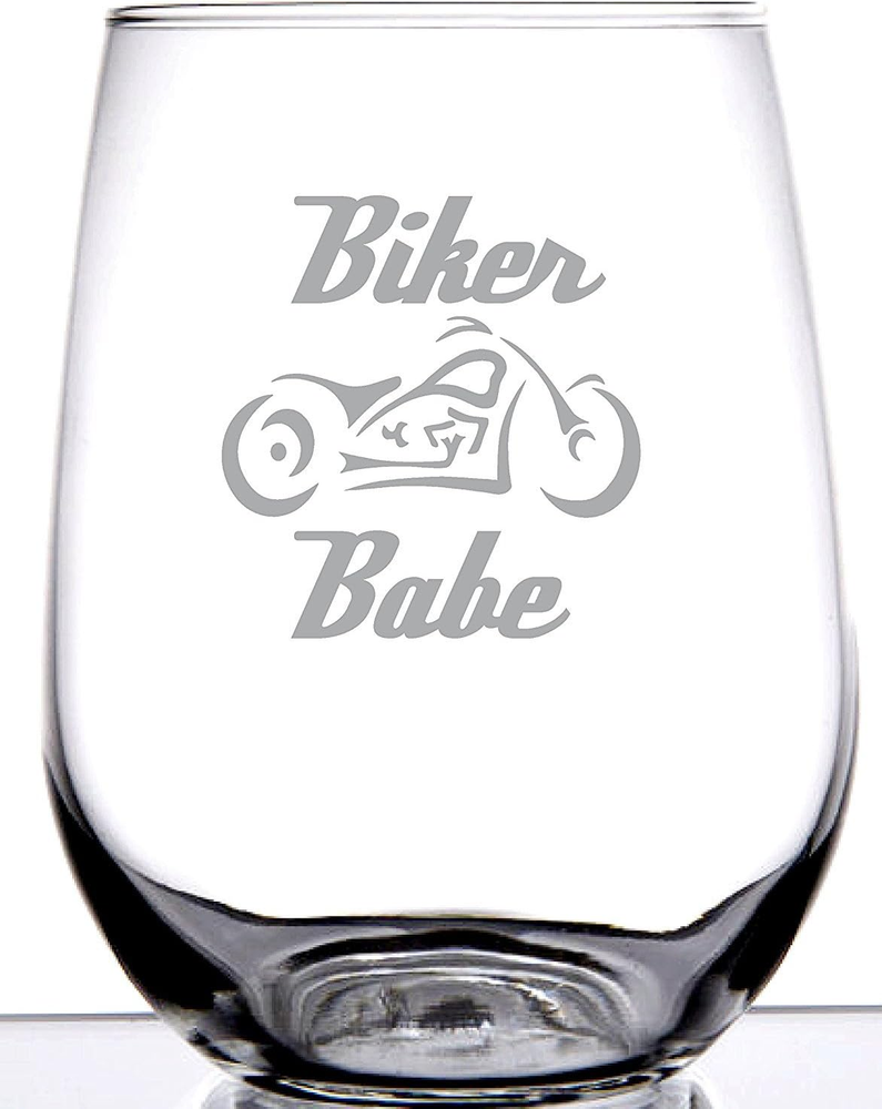 Biker Babe Stemless Wine Glass | Laser Etch Embedded Design | Motorcycle Biker G