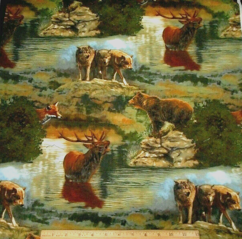 Wild Elk Bear Wolf Fox Scenic Cotton Fabric by the Yard for Wilderness-Themed Projects  