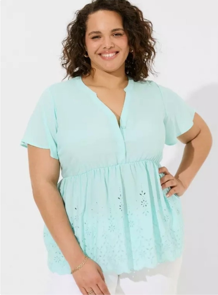 Torrid Women’s Baby Blue Embroidered Eyelet Babydoll Challis Top Plus Size 2XL