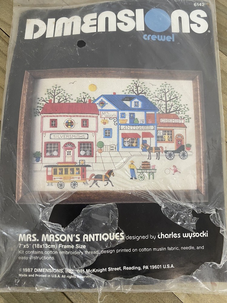 Vintage Dimensions Crewel Mrs Masons Antiques 7” X 5” Primitive Folk Art 1987