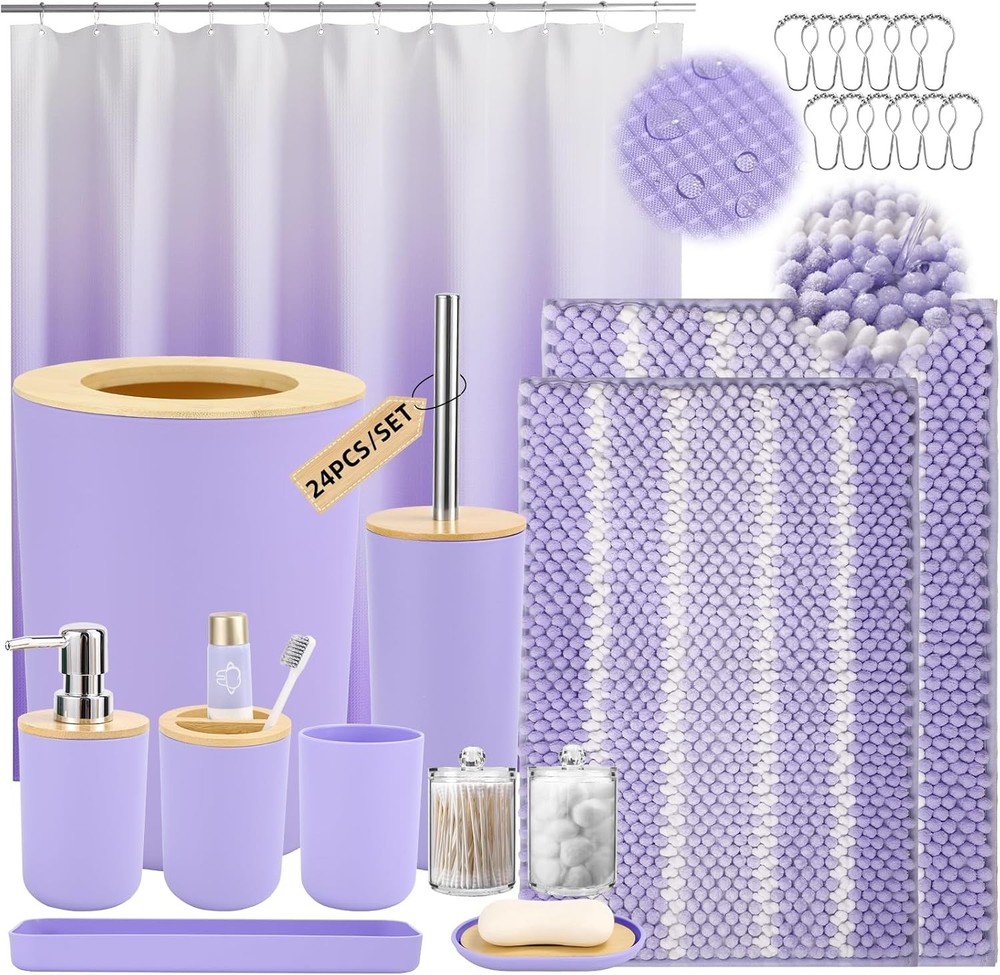 Purple Bathroom Accessories Set with Ombre Shower Curtain and No-Slip Bath Rugs,