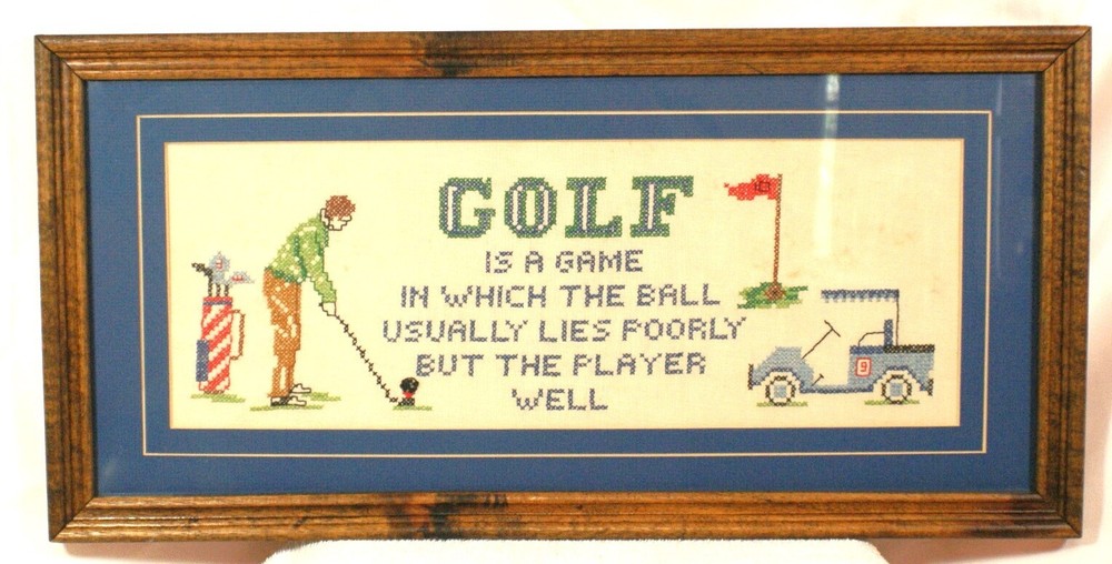 Golf Cross Stitch Framed Golfer Needlework Golfing Decor Artwork Quote Vintage