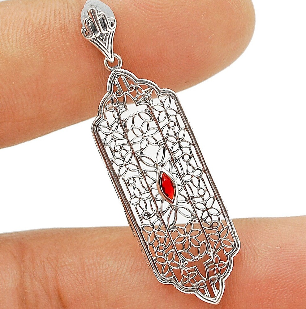 Natural Fire Garnet 925 Sterling Silver Victorian Style Pendant Jewelry Y1165