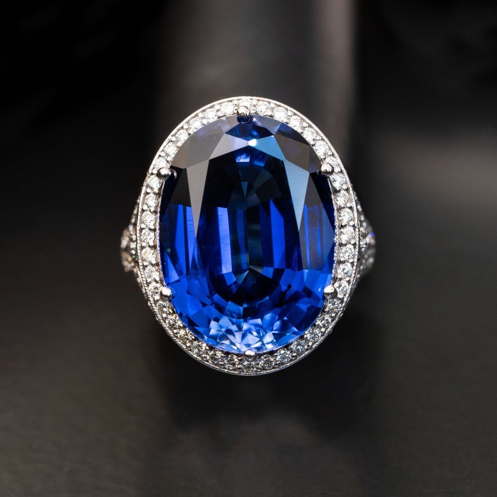 14K Gold Natural Diamond Ring Wedding 27.20 Ct Oval Lab Grown Blue Sapphire