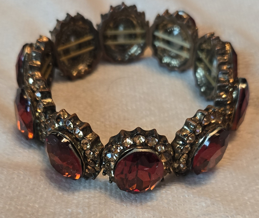 Vintage Beaded Bracelet Gold-Tone with Red Round Glass Stones Bezel Setting