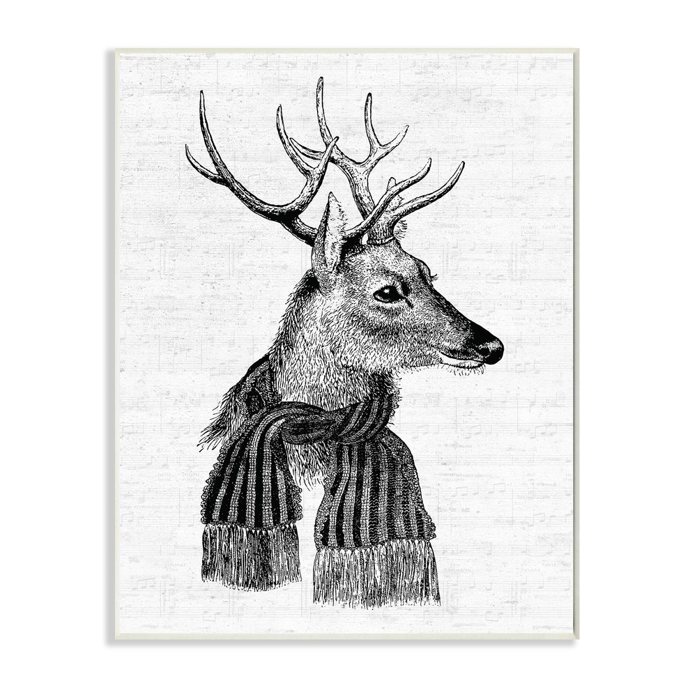 Stupell Reindeer in Scarf Minimal Vintage Portrait Wood Wall