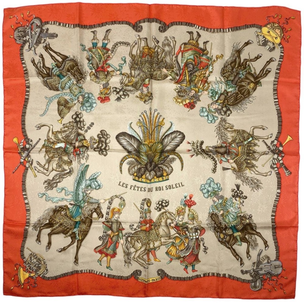 HERMES Carré 90 LES FETES DU ROI SOLEIL Silk Scarf Orange Authentic from Japan RIN