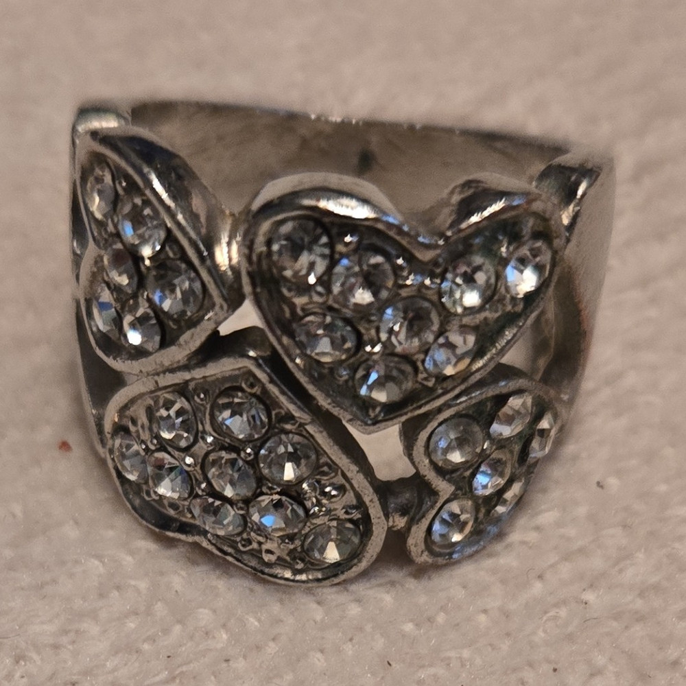 Silver Tone Heart Cocktail Ring Cluster Clear Crystal Fashion Rhinestone