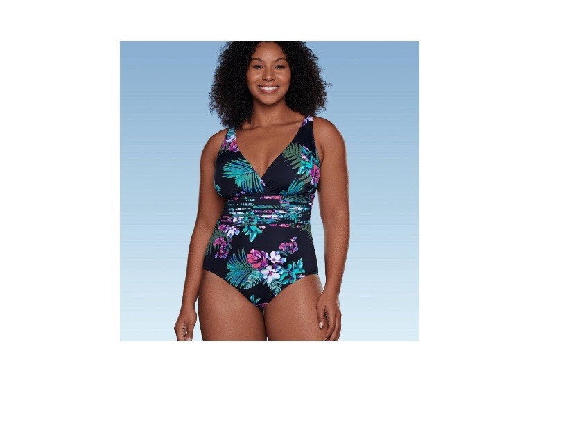 NWT Aqua Green Waist Detail 1 Piece Swimsuit Black Floral Women's Size M
