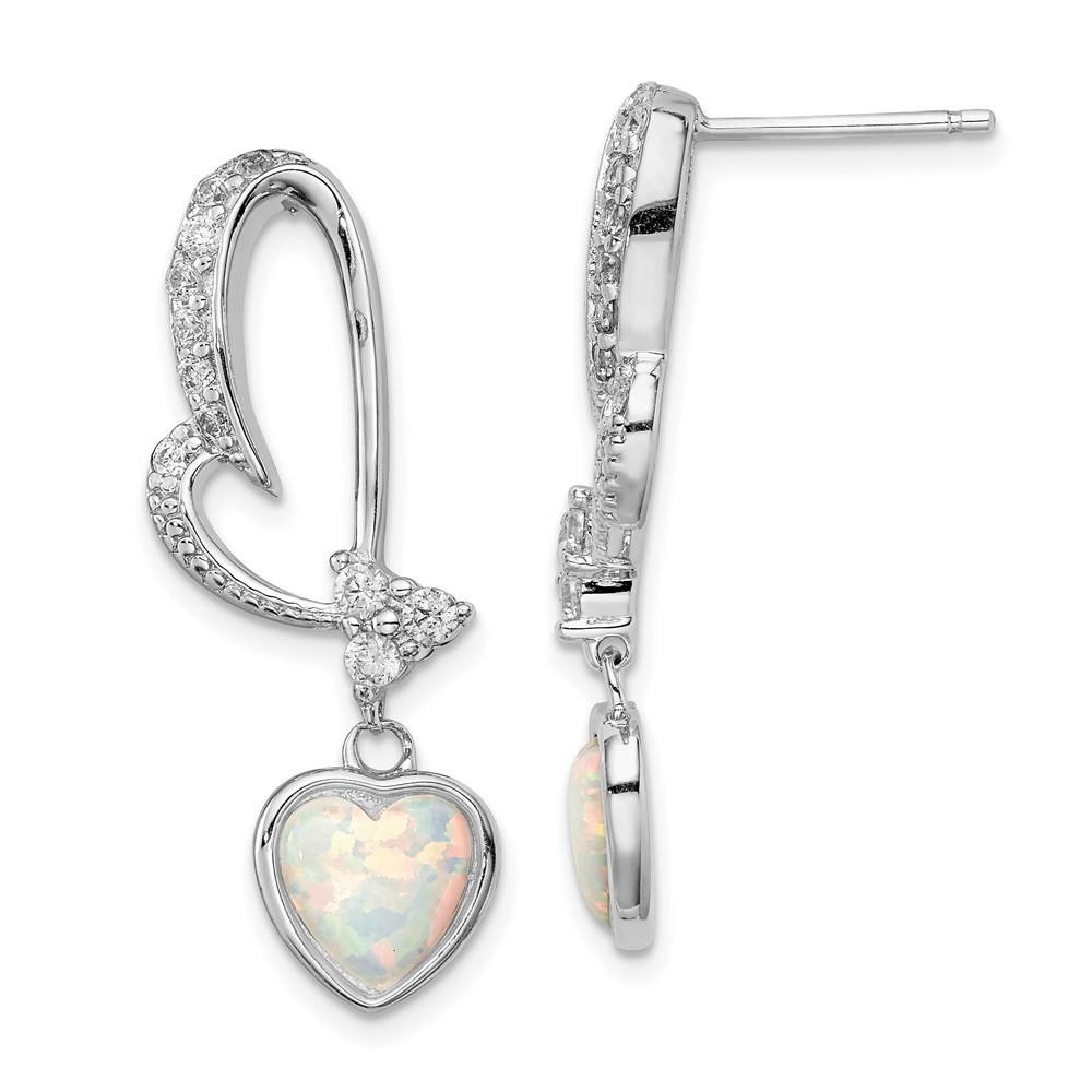 Sterling Silver Lab Opal & CZ Heart Dangle Drop Earrings