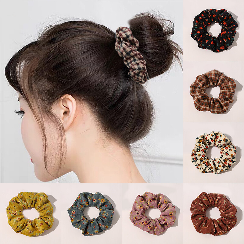 Soft Corduroy Hair Scrunchies Elastic Plaid Floral Hair Bands