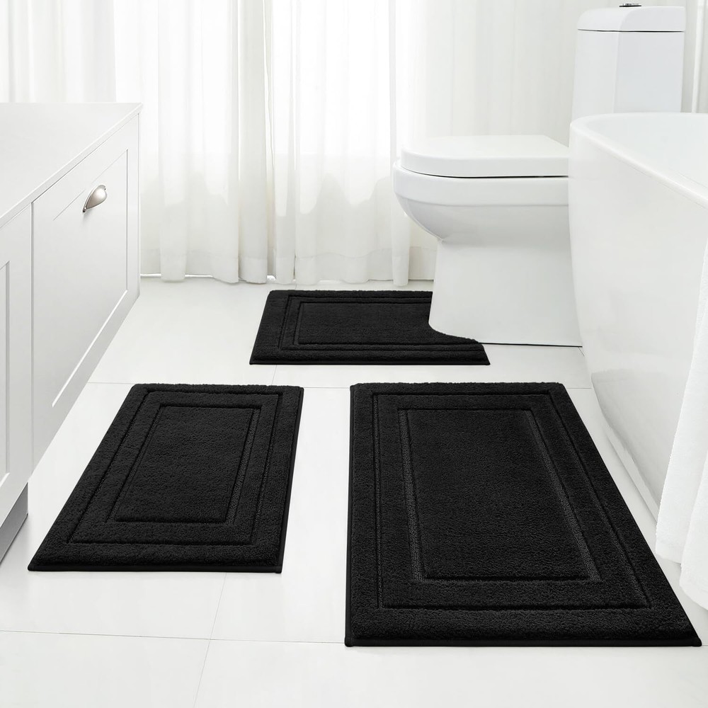3-Piece Bathroom Bath Mat Contour Rug Set Black Super Soft Absorbent Non Slip