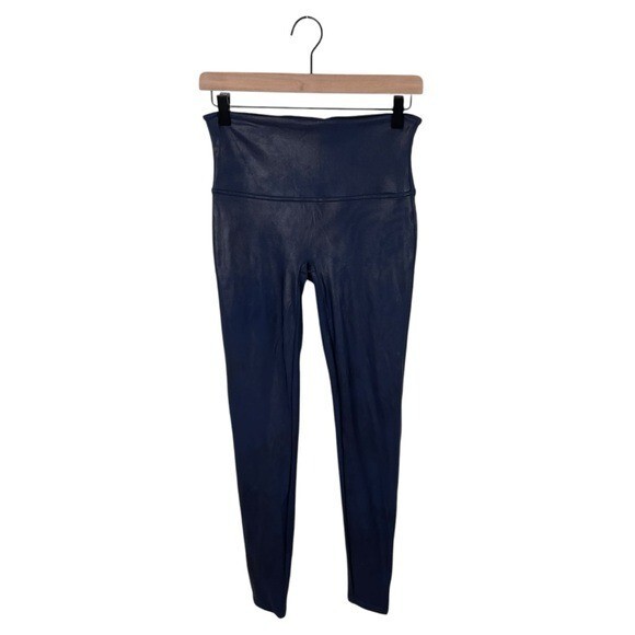 Spanx Faux Leather Leggings Deep Navy Blue Size Large Slimming Shaping 2437
