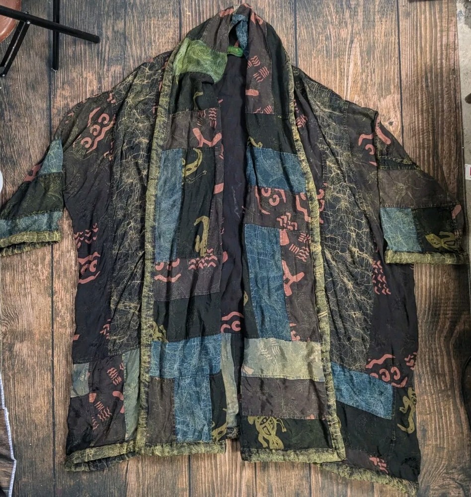 KUSNADI Kimono Patchwork Art Floral Duster Open Cardigan Jacket Vintage One Size