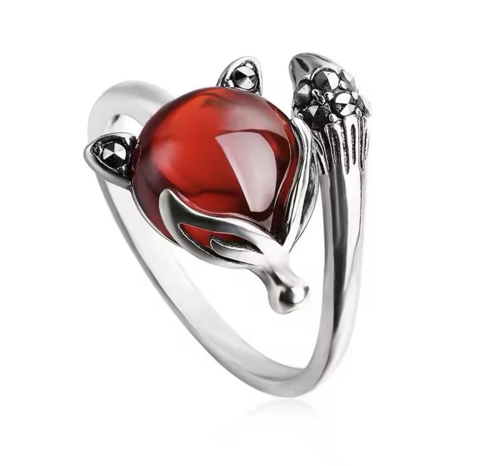 925 Sterling Silver Adjustable Red Fox Crystal Ring for Women Luxury Wedding