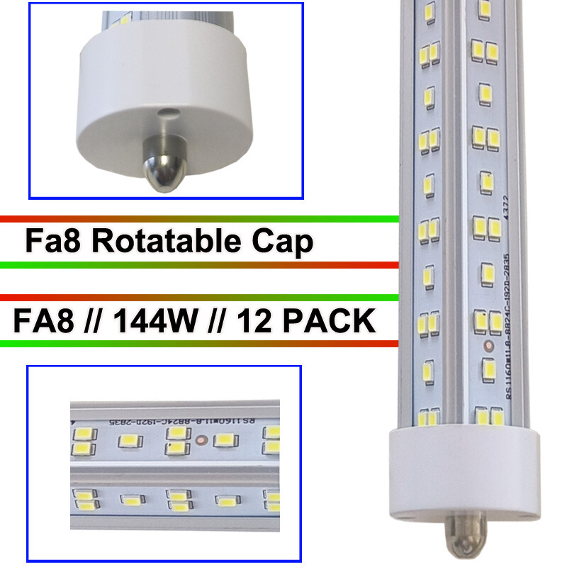 8FT Led Tube Light 144W FA8 T8 Single Pin LED Shop Light 8FT Bulbs 6500K 12PC