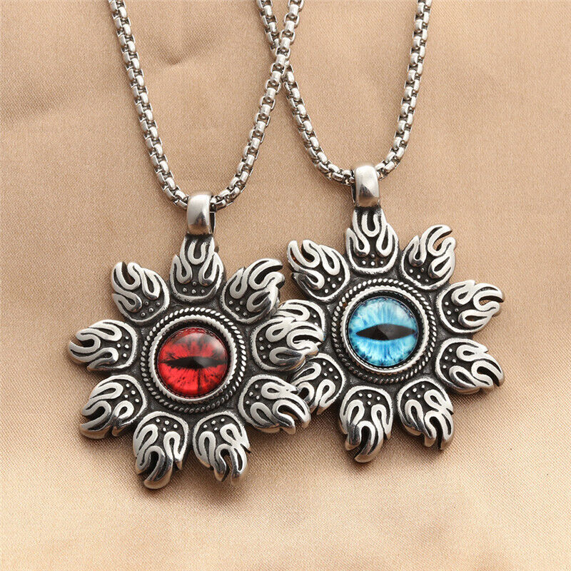 Men's Buddhist Amulet Fire Red or Blue Evil Eye Pendant Necklace Stainless Steel