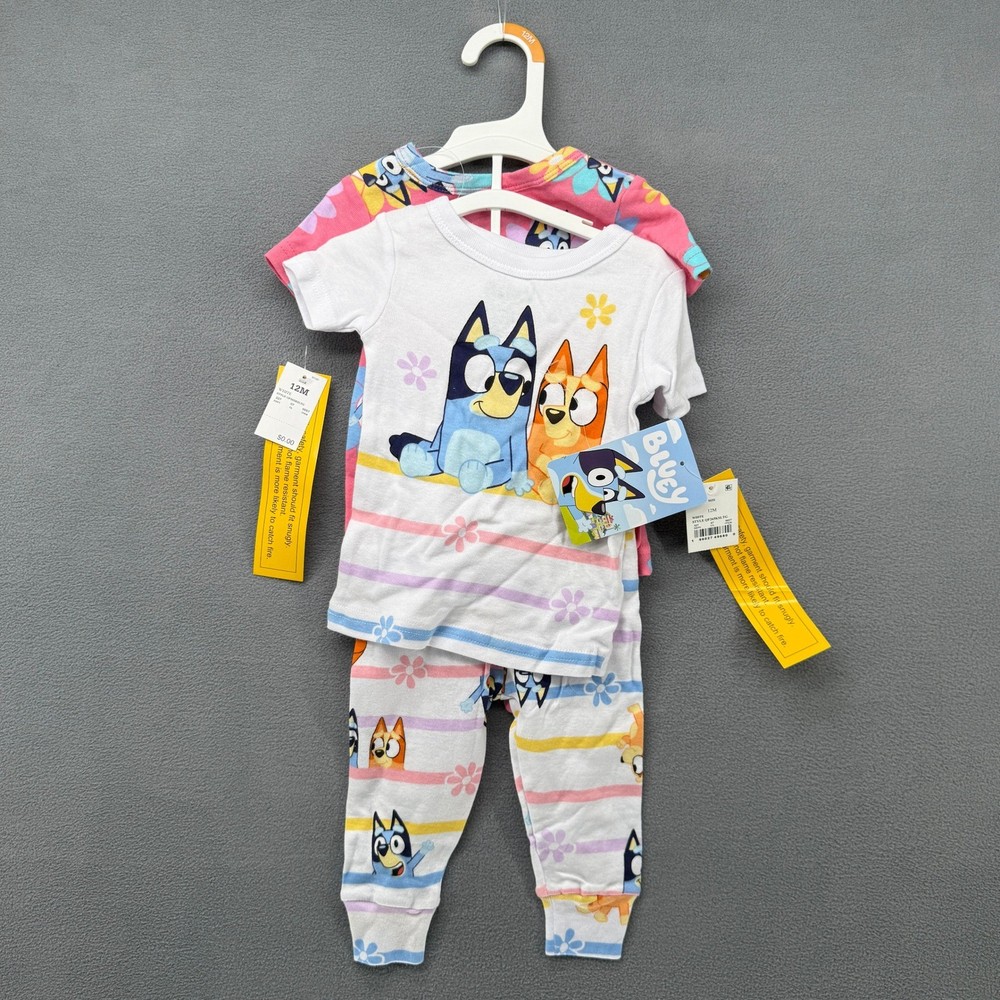 Bluey Bingo Girls Pajama 2 Set Pink White Striped 12M 4 Piece