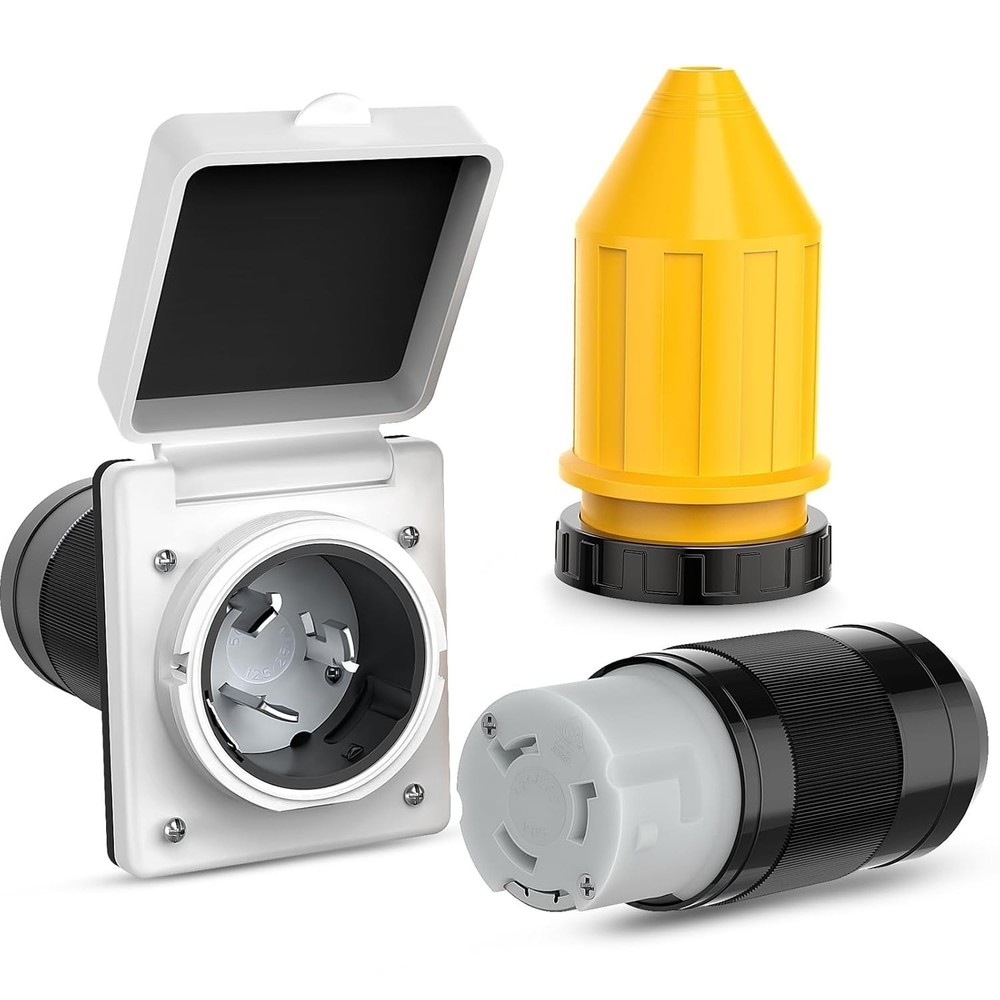 RV 50 amp Power Inlet Plug 125V 250V AC Female Twist Locking Set Black Epicord